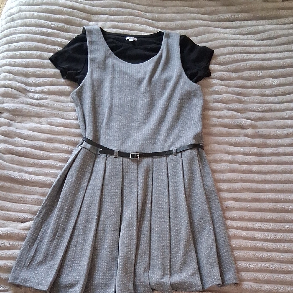 Girls' Grey Pleated Dress with Black Tee and Belt